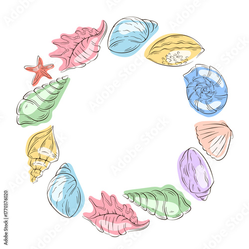 Circular wreath frame with flat style seashell, conch, nautilus, clam and starfish in pastel color on white background.
