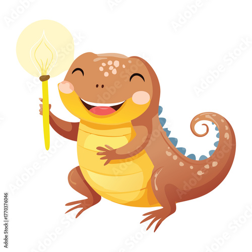 Funny cartoon lizard holding glowing illuminated light bulb representing bright idea or genius sudden inspiration concept
