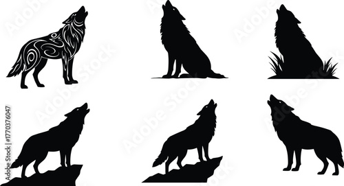 Wolf icon set, howling silhouettes in artistic and natural poses with grass, rocks, and decorative patterns, wildlife, nature, vector design, grid