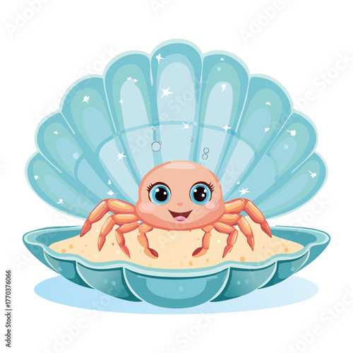 Adorable cartoon crab character sitting happily inside a large blue oyster shell, a charming marine life illustration