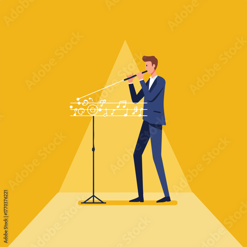 A singer in a suit, singing with a microphone into the spotlight, with music notes displayed