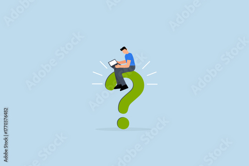 Business problem, serenity entrepreneur engaged with computer on large question mark