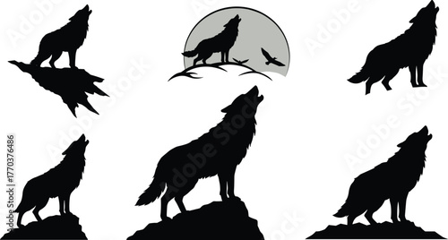Wolf icon set, howling silhouettes on rocks with moon and bird details, black illustration, nature, wildlife, forest, predator, vector grid
