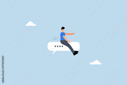 Effective communication for business leader, happy entrepreneur on a speech bubble directing towards goal.