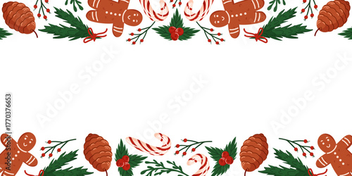 Festive border frame with of gingerbread man, candy cane, pine cone, holly berry and green branch. Christmas and winter design for seasonal bakery decoration.