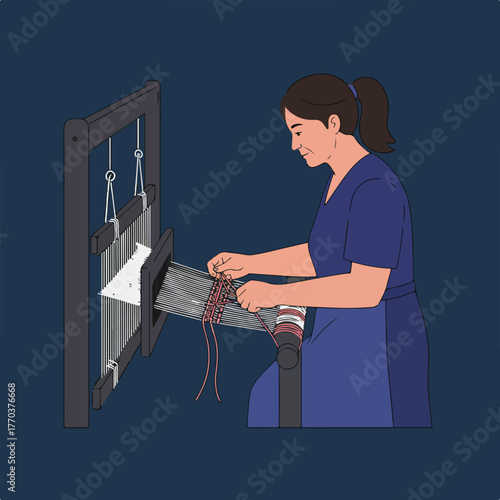 An illustration depicting a woman weaving on a loom against a dark blue background