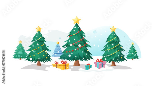 Christmas fir trees. Cartoon decorated green xmas trees. Winter holiday flat vector illustration set. Christmas fir trees collection stock illustration