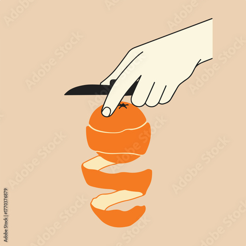 Hand peels an orange with a knife, peel falling in a spiral. A simple illustration on a cream-colored background
