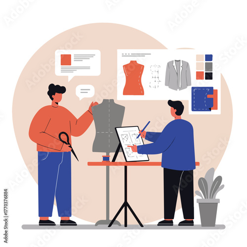 Illustration depicts two individuals collaborating on design. One holds scissors, the other sketches with a mannequin