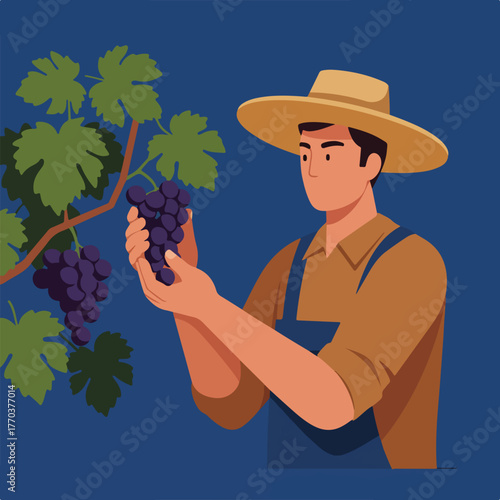 A farmer in a straw hat examines grapes growing on a vine against a deep blue background. The illustration is flat