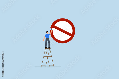 Prohibition, entrepreneur ascends ladder to apply prohibition symbol on the wall