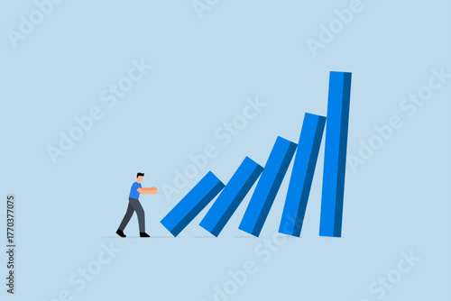 Small tiny habits to change or increase productivity, businessman pushing tiny domino to make bigger one fall