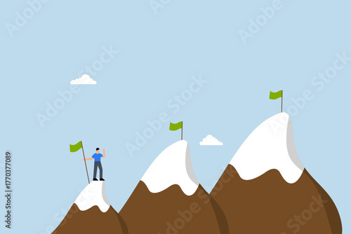 Ambition to success and achieve target, driven entrepreneur ascends mountain summit intending to reach greater goals