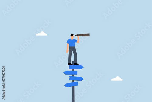 Search for right direction, clever entrepreneur examines through telescope or binoculars to find solution