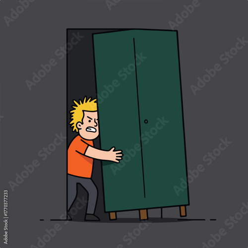 A cartoon man strains to push a large teal-colored cabinet, struggling with effort. He appears angry