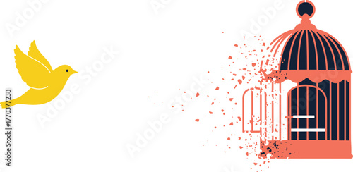 Yellow bird escaping broken cage, freedom concept, liberation symbol, open door, flying fragments, contrast design, vector illustration, dark red and yellow