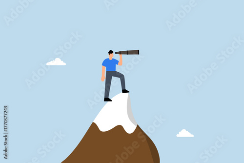 Visionary, businessman look through telescope to see business vision