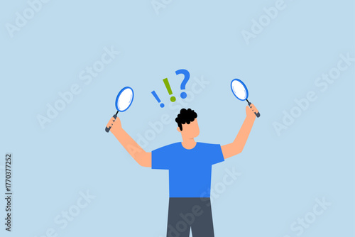 Observation, Inquisitive entrepreneur with a magnifying glass examines information featuring a question mark