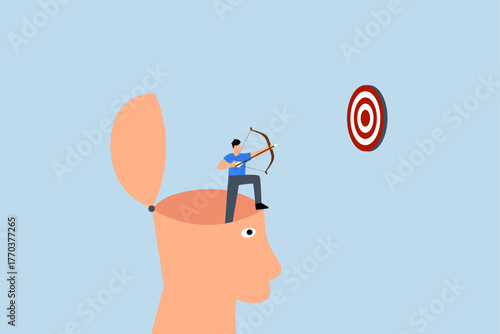 Success mindset, bravery entrepreneur archery targeting device to strike goal