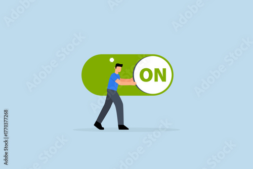 Turn on switch, smart businessman push setting button switch to on position