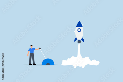 Start your own business, driven entrepreneur businessman activates lever to send rocket into the air