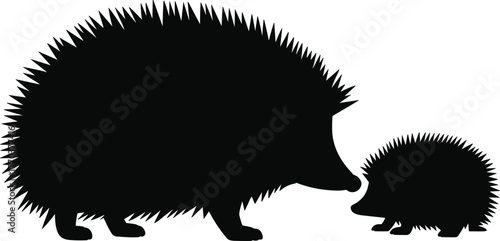 Black silhouette hedgehog family illustration, cute animal wildlife design, spiky quills graphic art, mother and baby hedgehogs facing each other, nature love concept vector