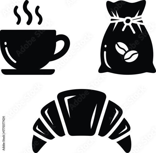 Coffee, Croissant, and Coffee Bean Bag Solid Glyph Icon Vector Set - Cafe and Bakery Theme