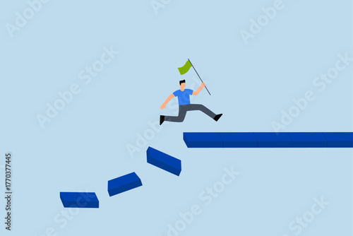 Survive and success in crisis, businessman jumping on collapse bridge to reach target