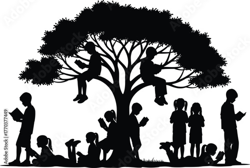 Children reading silhouette, kids under tree, education, learning, books, study, childhood, knowledge, imagination, literature, outdoor classroom, flat vector