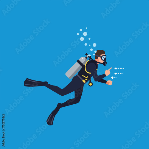 A diver in a blue background wearing gear, pointing at direction. Bubbles and flippers are present