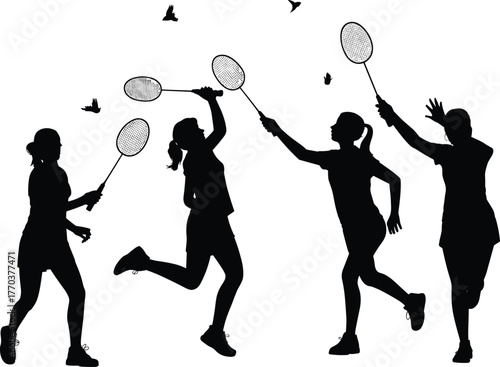 Badminton players silhouette action, sports teamwork illustration, shuttlecock flying game, competitive match design, fitness activity concept, dynamic athlete movement
