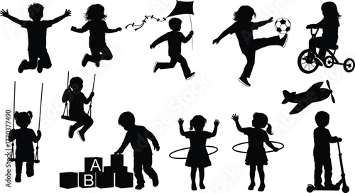 Children silhouette collection, kids playing activities, childhood fun, outdoor games, sports, creativity, scooter, swing, tricycle, hula hoop - flat vector