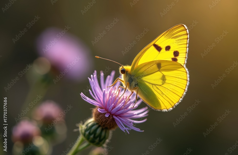 Obraz premium Close up photo of a yellow butterfly on a purple flower. Insect is resting on a blooming plant during sunny day. Nature beauty in macro view.