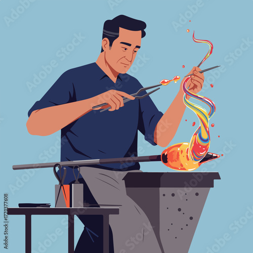 A glassblower molds colorful molten glass with tools on a stand. Abstract design with vibrant hues