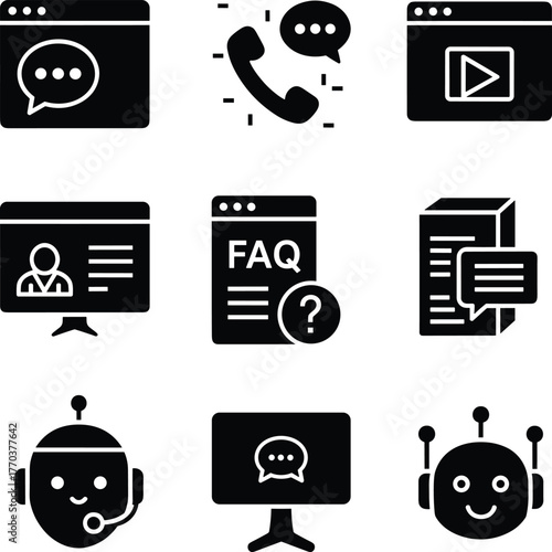 Customer Support and Online Help Desk Solid Glyph Icons Vector Set