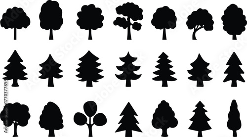 Black tree silhouettes collection, vector tree icons, forest shapes, conifer pine trees, deciduous foliage, nature design set, landscape elements, botanical illustration pack, isolated trees