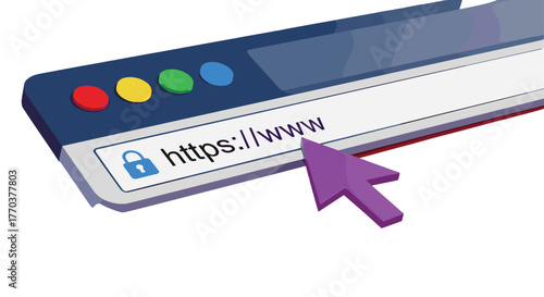 Web browser address bar with HTTPS padlock, purple cursor, secure connection, navigation concept, internet safety, digital access, vector design, icon set