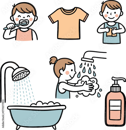 Daily Personal Hygiene Routine Hand Drawn Vector Set - Bathing, Toothbrushing, Hand Washing, and Getting Dressed