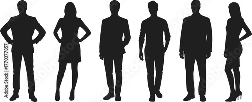 Business silhouettes, professional people standing, diverse team, corporate group, male female figures, office staff, teamwork concept, leadership, human resources, diversity inclusion
