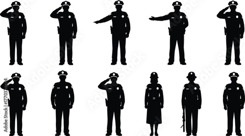 Police officer silhouette, law enforcement vector, policeman policewoman, salute attention gesture, security guard illustration, authority figure, public safety, enforcement