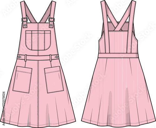 Pink pinafore dress, fashion flat sketch, technical garment drawing, vector apparel design, clothing template, sewing pattern, front back view, cad drawing flat vector