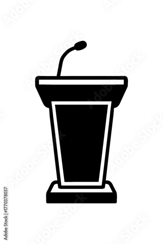 Professional black silhouette icon of a lectern with an attached microphone, perfect for symbolizing public speaking events, business presentations, educational conferences, political debates