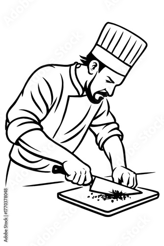 Dynamic black and white vector illustration capturing a professional male chef diligently chopping fresh ingredients on a sturdy cutting board with a sharp knife, showcasing culinary expertise