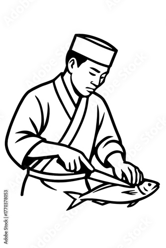 Skilled chef expertly filleting fresh fish with sharp knife, showcasing traditional culinary techniques. This illustration highlights precision and artistry of seafood handling, ideal for restaurants