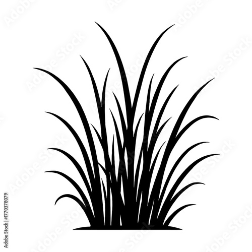 Minimalist black silhouette vector art of a lush grass tuft, isolated on a clean white background. Perfect for nature, garden, eco, organic designs. A versatile graphic symbolizing growth, freshness