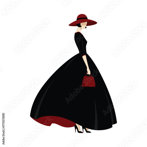 Woman in black dress and red hat isolated on white