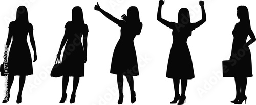 Business woman silhouette poses, female fashion figure with handbag, confident standing posture, office dress style, professional gesture, elegant lady outline, career concept illustration