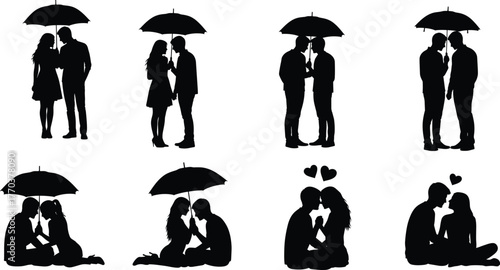 Romantic couple silhouettes standing and sitting, umbrella love, kissing, hearts, intimacy, dating, affection, valentine romance, relationship, passion, together illustration