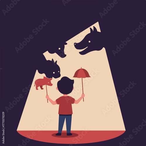 An illustration shows a person performing a puppet show, with animal figures and a stage. Animals shadow above