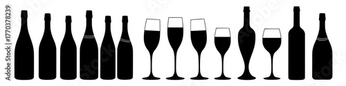 a minimalist silhouette of wine bottles and glasses filled with dark liquid. Champagne bottle and glasses black silhouette icons. Simple vector illustration.